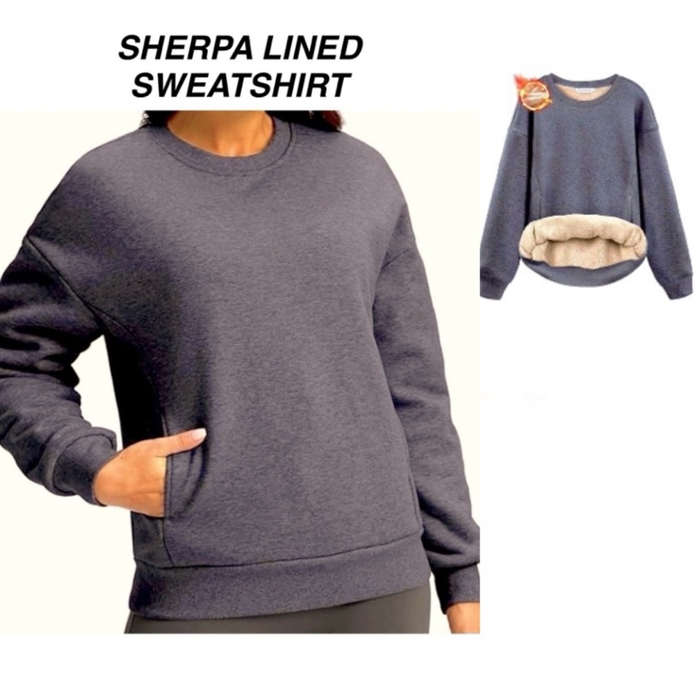 SANTINY Fleece Sherpa Lined Pullover Sweatshirt Dark Grey Heather size L NWT